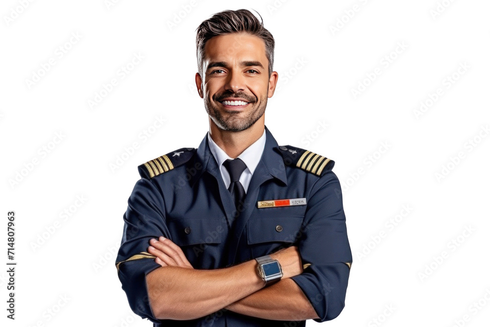 A confident male pilot in uniform keeping arms crossed and smiling while standing isolated on a transparent background. A confident male pilot in uniform keeping arms crossed and smiling while standing isolated on a transparent background.