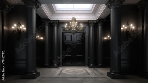 luxury interior room with dark walls, classic and majestic style, decorated with chandelier. Classic European building concept that is majestic. 3d rendering 