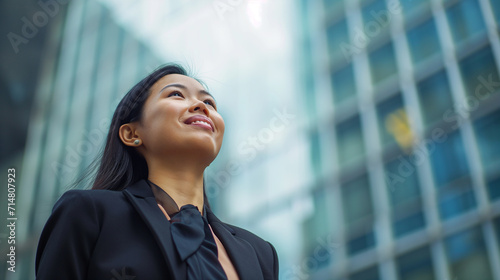 Mulher oriental vestindo terno com um sorriso olhando para cima no centro da cidade cheio de predios photo