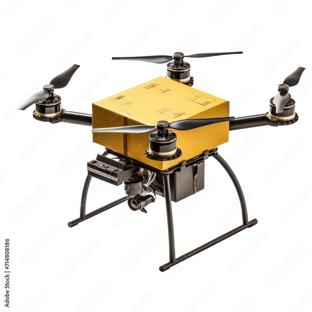 A delivery drone with package paper box isolated on a transparent background. A delivery drone with package paper box isolated on a transparent background.