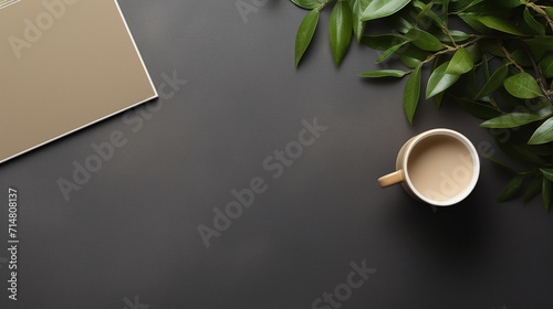 simple elegant office desktop with business accessories and a cup of coffee photo