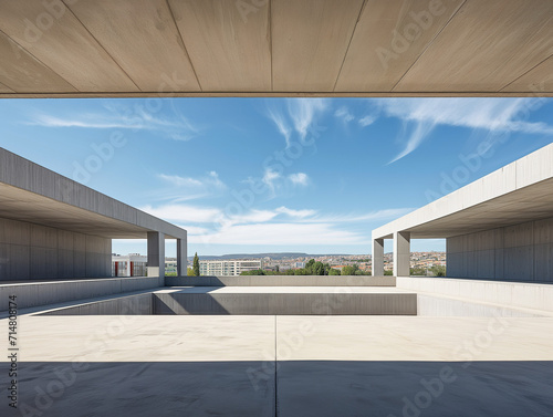 A minimalistic architectural design with clean lines, concrete walls, and open space, under a clear sky.