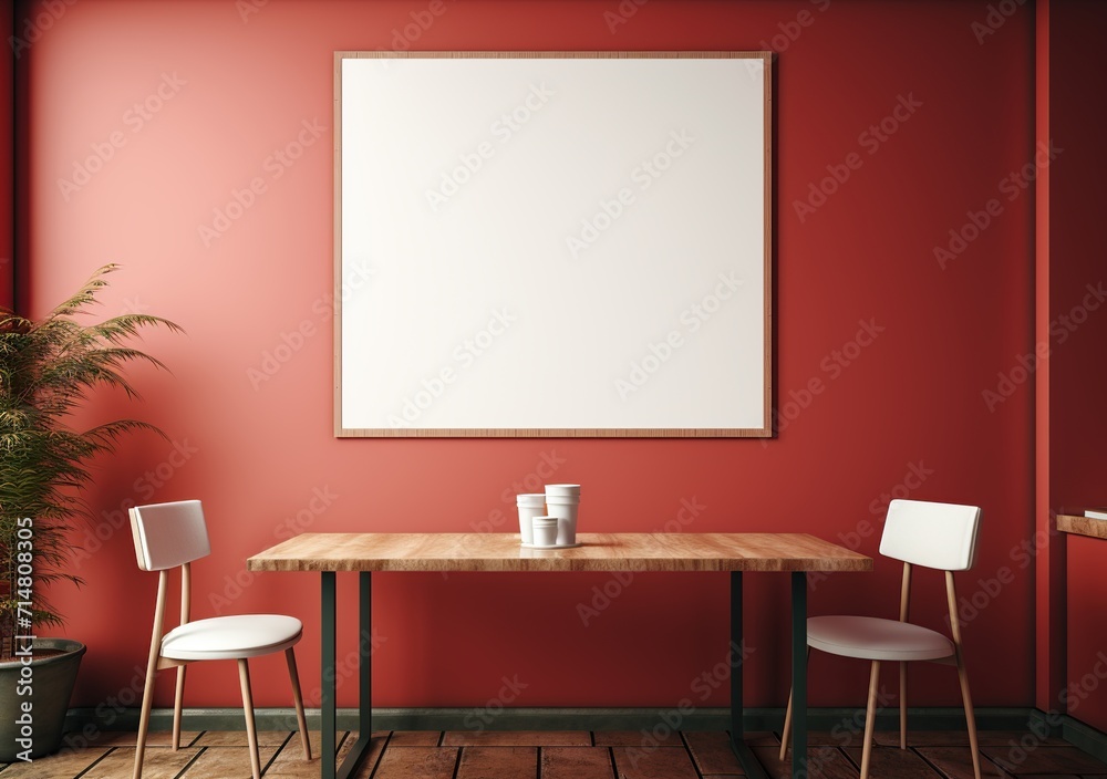Mockup frame poster template on red wall in restaurant Mockup frame poster template on red wall in restaurant