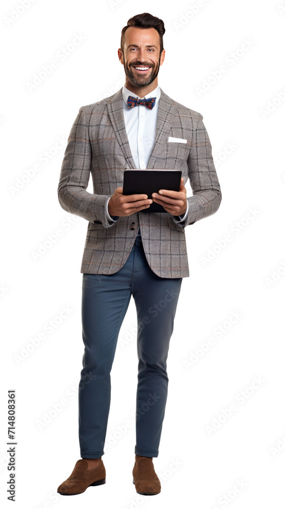 A happy salesman stand holding tablet isolated on a transparent background. A happy salesman stand holding tablet isolated on a transparent background.