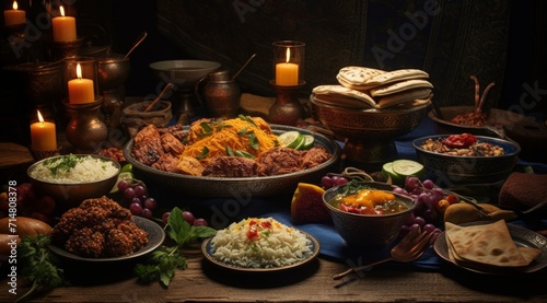 Eid al-fitr celebration with delicious food. A table full of food, rice, and various types of foods.