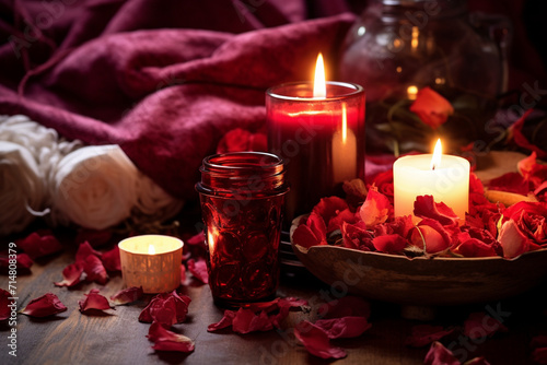 Spa still life with rose petals, candles and towel.
