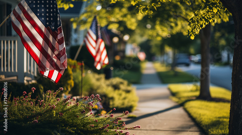 American flags lining the sidewalks, celebrating USA national freedom day photo