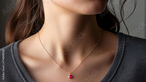 sensual model wearing a delicate necklace with a red, ruby pendant, closeup isolated on grey background