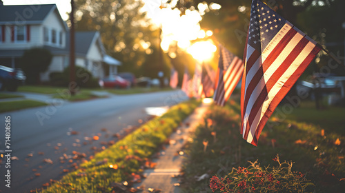 American flags lining the sidewalks, celebrating USA national freedom day