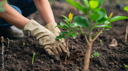 person planting a tree hands closeup, reforestation concept 