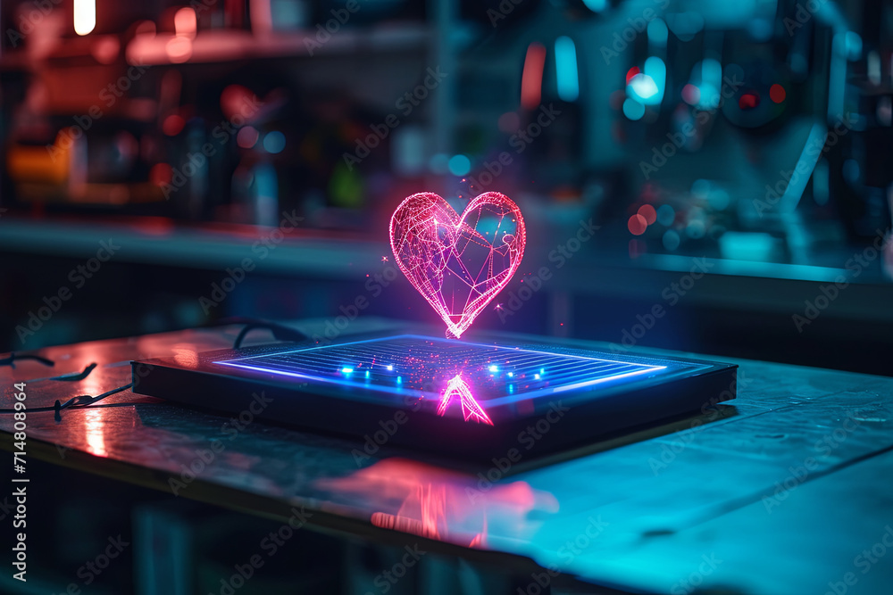 A holographic of a love projected by a mini device on a desk - obrazy, fototapety, plakaty 