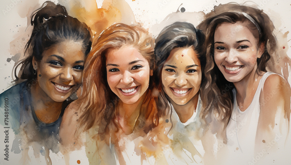 Watercolor of different beautiful girls.