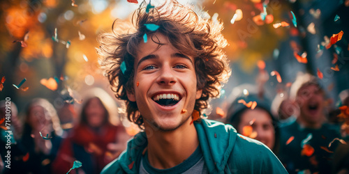 Amidst a gorgeous explosion of fall colors, this picture-perfect scene captures one woman's heartfelt laughter as she enjoys the fall magic with her favorite friends! photo