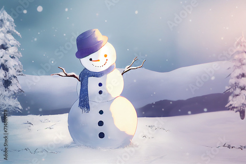 Illustration of a cheerful snowman standing on the snow in a winter forest.