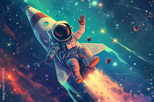 cute astronaut riding a rocket in space with waving arms © bojel