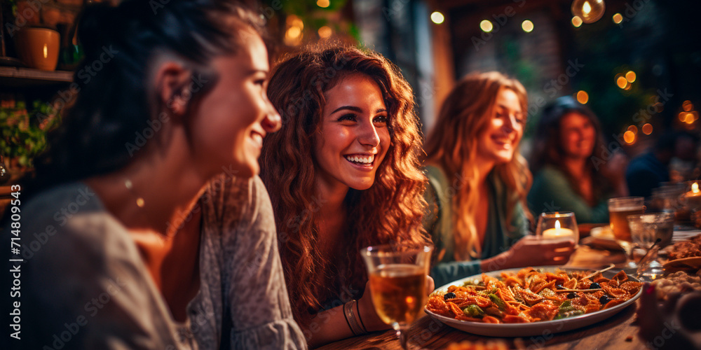 Celebrate Thanksgiving with friends and a delicious pasta dinner Capture the joyful moments of young people enjoying a meal together Create a lifestyle concept where friends gather for holiday dinner
