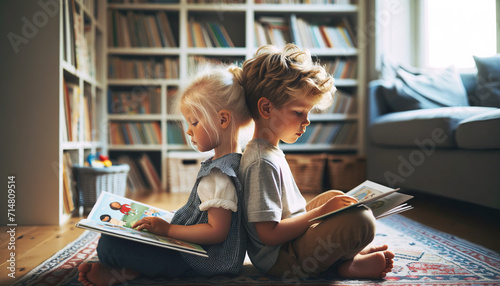 Brother and sister reading picture books together sitting back to back. Reading together gives siblings something fun to do and it also reinforces their bonds of love. photo