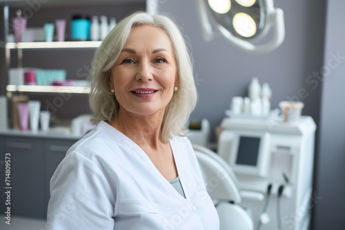 middle-aged woman smiling at the camera indoors. She is wearing medical clothing and is in a healthcare setting with medical equipment visible in the background.