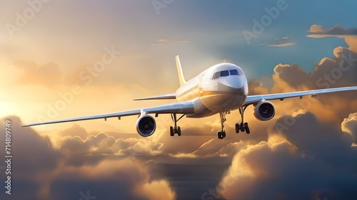 Commercial airplane flying above the clouds at sunset. majestic sky, travel concept. AI