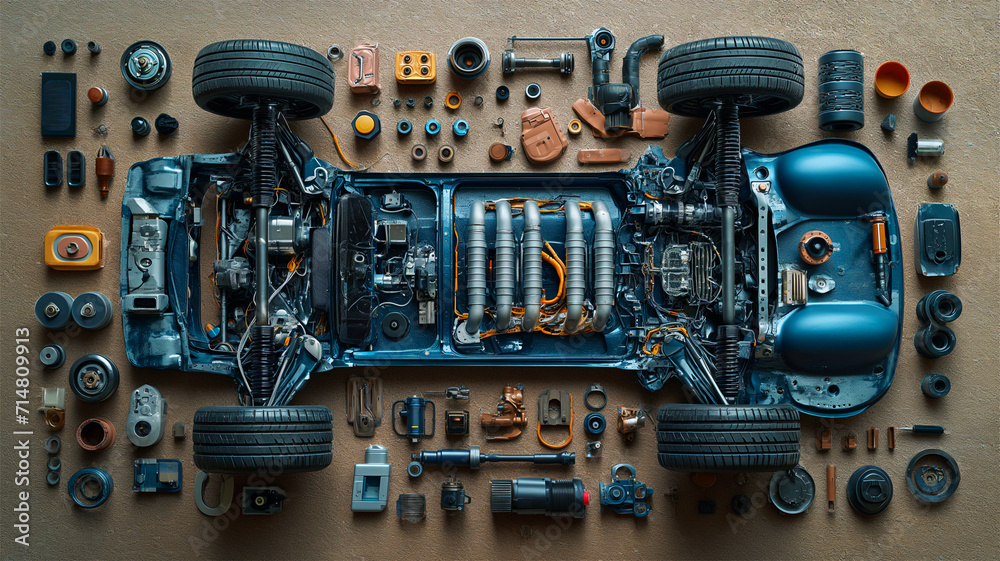 An AI generative image flatlay electric car component been disassemble at workshop. - obrazy, fototapety, plakaty 