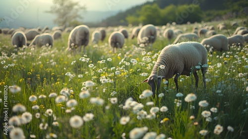 Serene pasture: flock of sheep grazing among dandelions, peaceful rural scene. AI