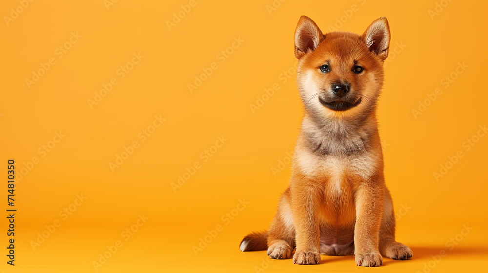 Adorable shiba puppy with curious questioning face isolated on light blue background with copy space.
