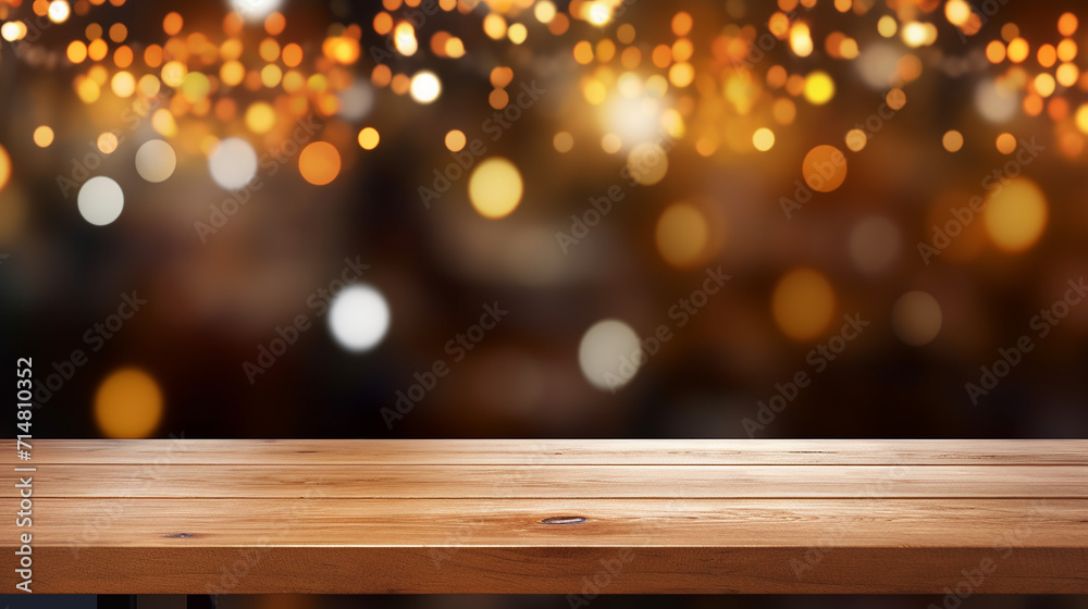 empty wooden table top with lights bokeh with blurred lights in restaurant