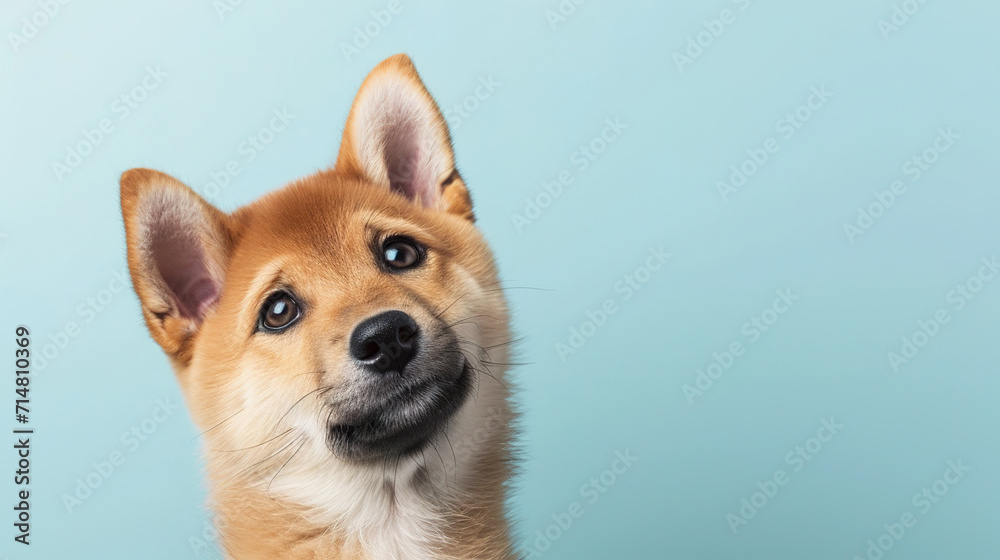 Adorable shiba puppy with curious questioning face isolated on light blue background with copy space.