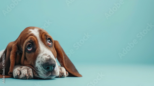 Adorable basset hound puppy with curious questioning face isolated on light blue background with copy space.