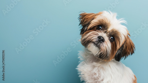 Adorable Shih Tzu puppy with curious questioning face isolated on light blue background with copy space.