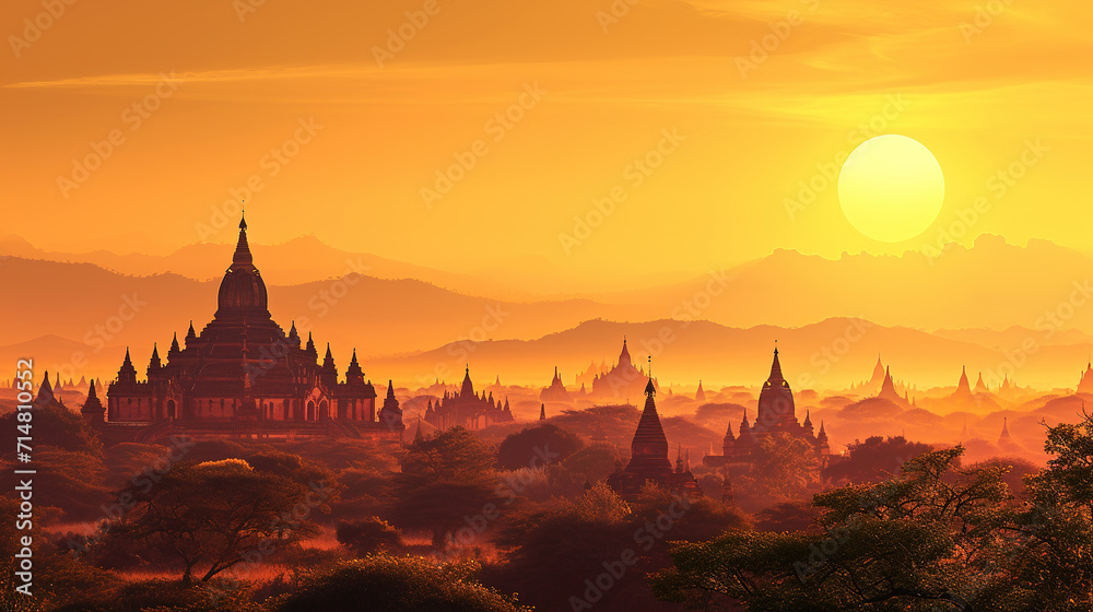 Scenic view of Bagan in Myanmar during sunrise in landscape comic style.