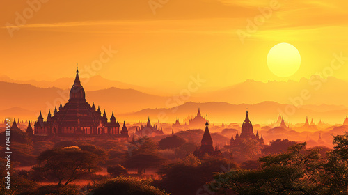 Scenic view of Bagan in Myanmar during sunrise in landscape comic style. photo