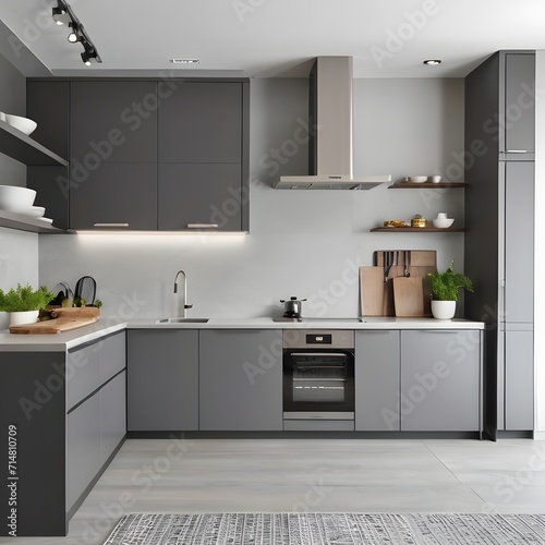 Modern kitchen interior in gray and white tones with storage box led lighting generative ai