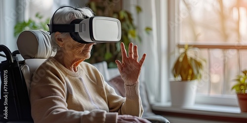 Adult woman smiling with virtual reality VR headset at home embracing technology and futuristic fun elderly enjoying entertainment indoors happy senior with modern device retired lifestyle