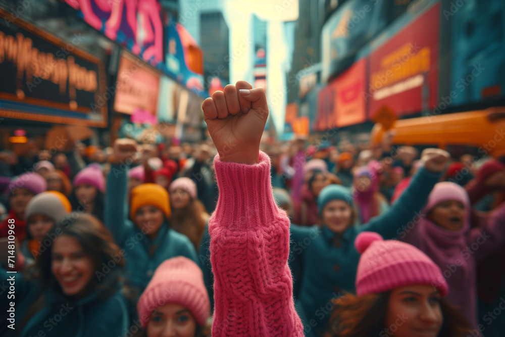 Raised fist of a woman at a feminist demonstration, Women's Day, fight for rights and equality of a crowd in the streets - obrazy, fototapety, plakaty 