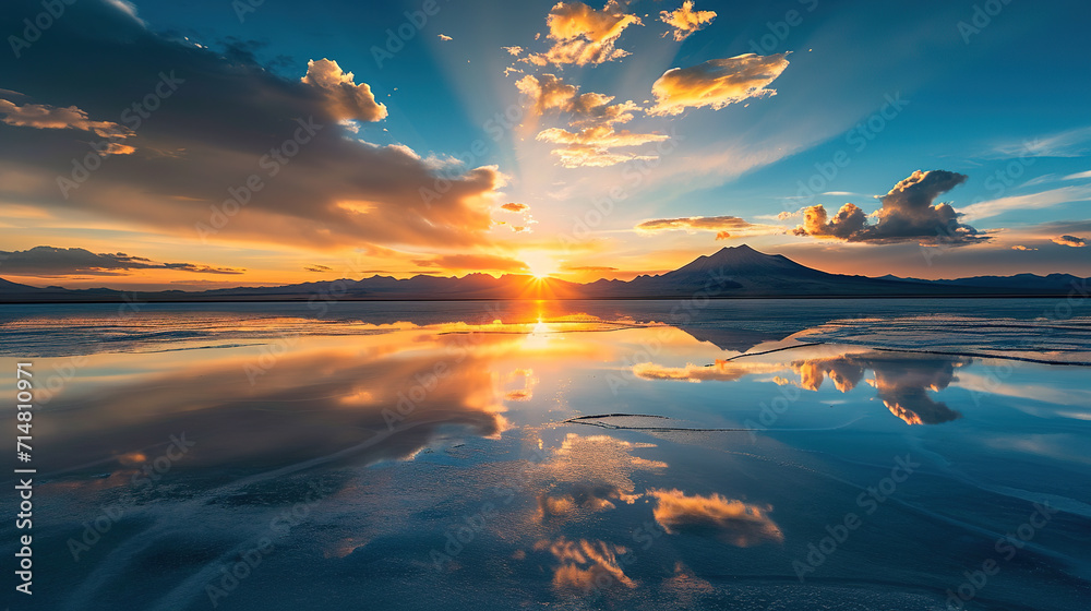 Beautiful scenic view of Salar de Uyuni in Bolivia during sunrise in
