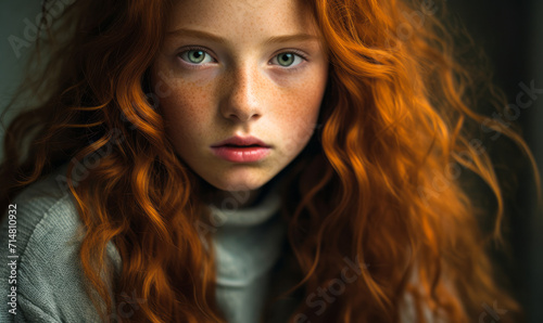 Captivating portrait of a young girl with vibrant red curly hair and delicate freckles, her green eyes gazing with an ethereal intensity