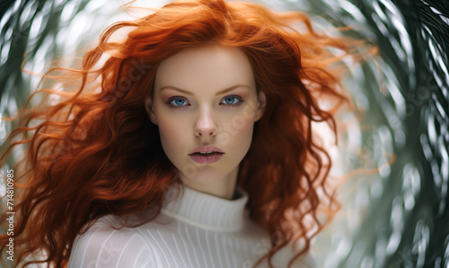 Ethereal woman with fiery red hair and striking green eyes enveloped in a swirling white abstract pattern, conveying a sense of mystique