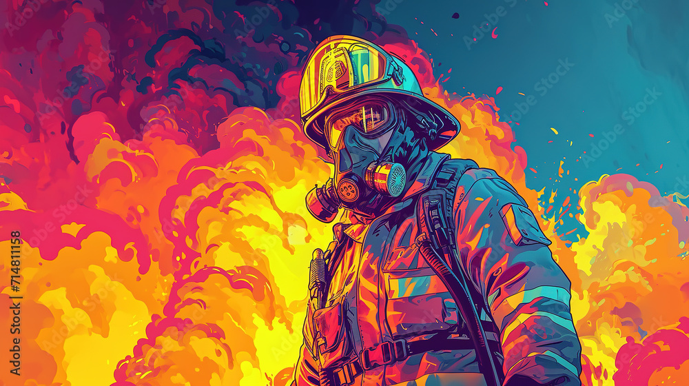 cool looking firefighter in colorful comic illustration style.