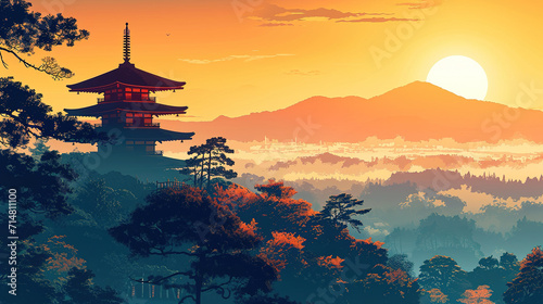 Beautiful scenic view of Japanese temple in Kyoto during sunrise in landscape comic style.