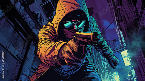 cool looking thief in colorful comic illustration style. photo
