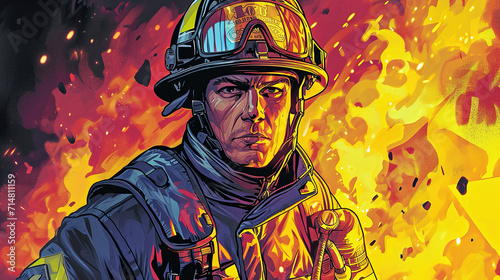 cool looking firefighter in colorful comic illustration style. photo