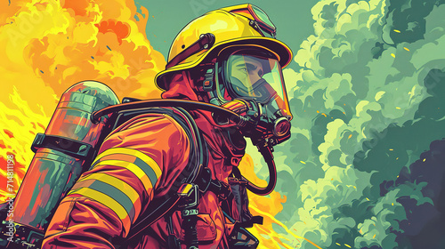 cool looking firefighter in colorful comic illustration style. photo