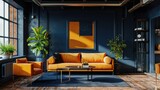 Modern Living Room Interior with Dark Blue Walls and Vibrant Orange Furniture