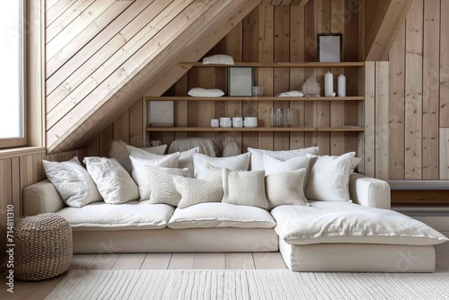 Scandinavian Farmhouse Living Room: Cream Sofa, Wooden Paneling, Cozy Pillows