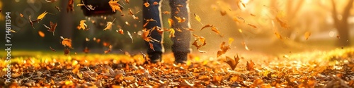 Fotografie, Obraz Professional Landscaper Using Leaf Blower for Ground Maintenance in Park