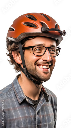 A happy young man wearing bicycle helmet isolated on a transparent background. © tong2530