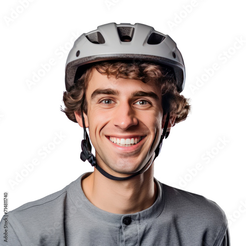 A happy young man wearing bicycle helmet isolated on a transparent background.