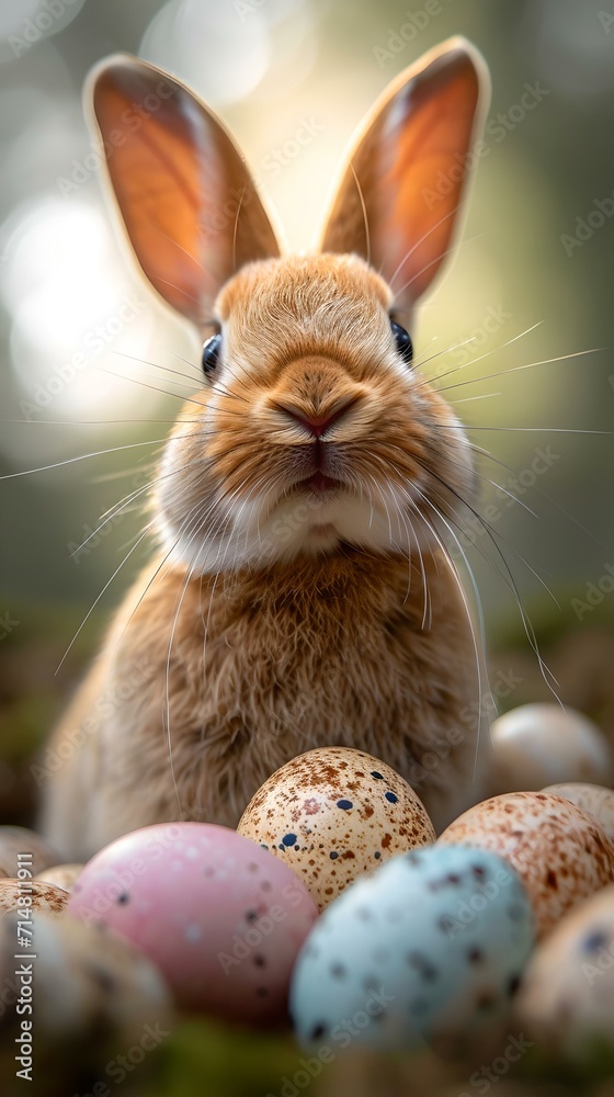 Adorable bunny surrounded by colorful easter eggs in spring setting. cute rabbit in festive scene. AI