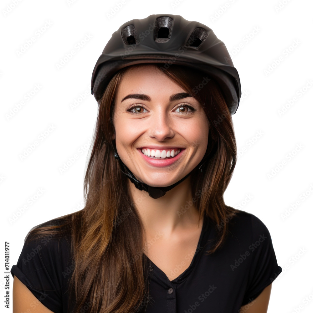 A happy young woman wearing bicycle helmet isolated on a transparent background. A happy young woman wearing bicycle helmet isolated on a transparent background.